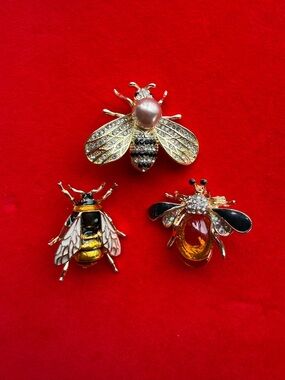 SOLD Anthropologie Gold Tone Bee Brooches with Black, Yellow & Amber Accents